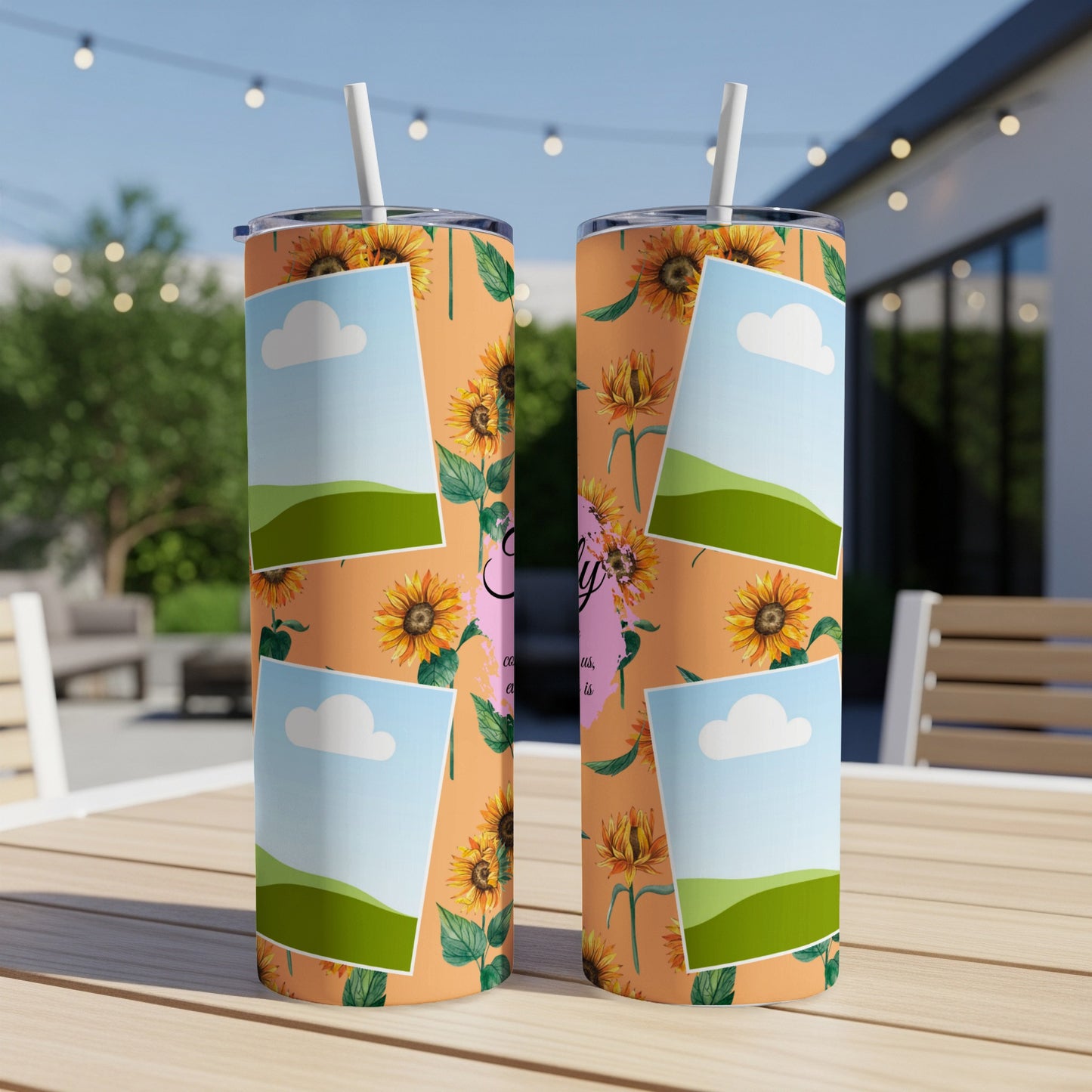 Two tumblers with sunflower pattern and placeholder photo frames.