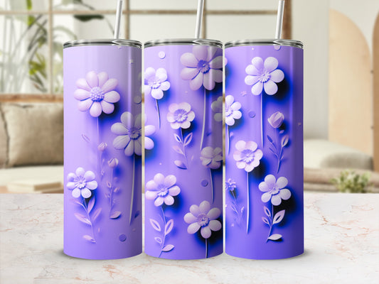 Three lavender tumblers with raised white floral designs and straws.