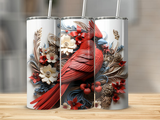 Three tumblers featuring a detailed cardinal surrounded by floral embellishments.