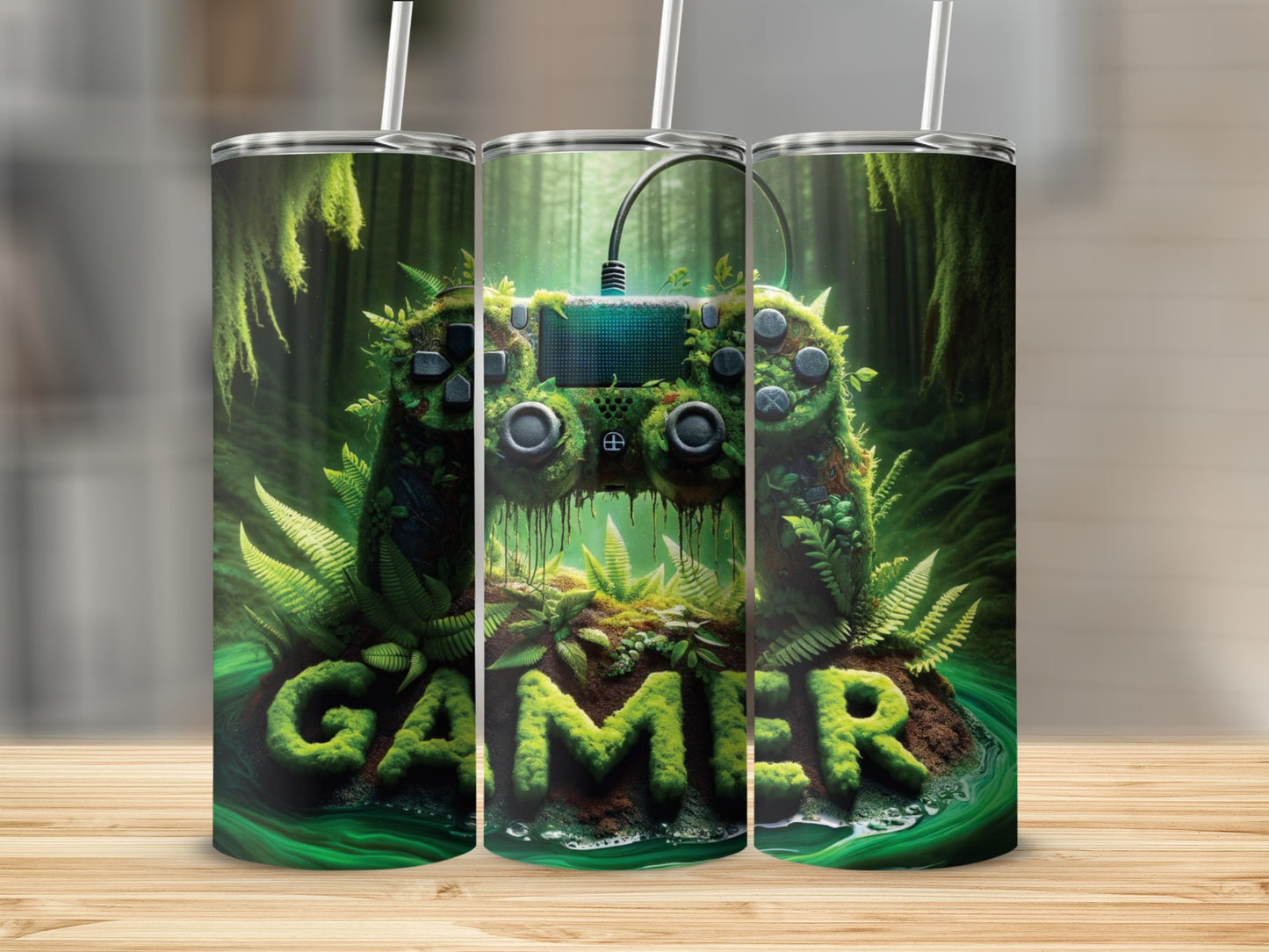 Moss-covered video game controller and "GAMER" text on a small island.