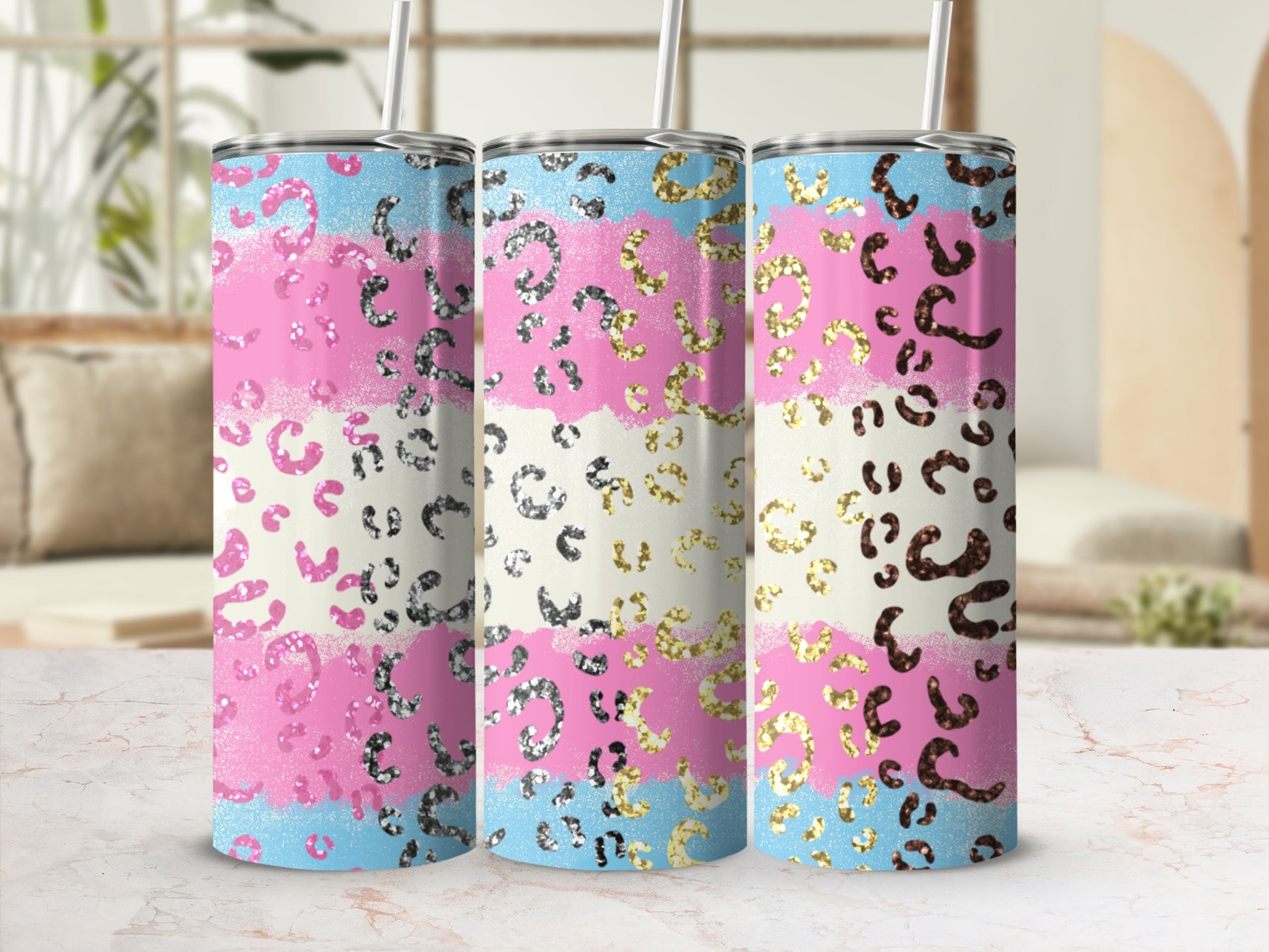 Colorful Glitter Leopard Print Tumbler with Straw