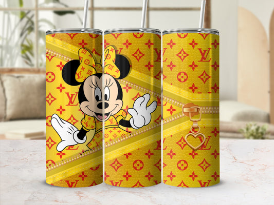 Minnie Mouse on yellow tumbler with repeating red logo pattern and gold zipper.