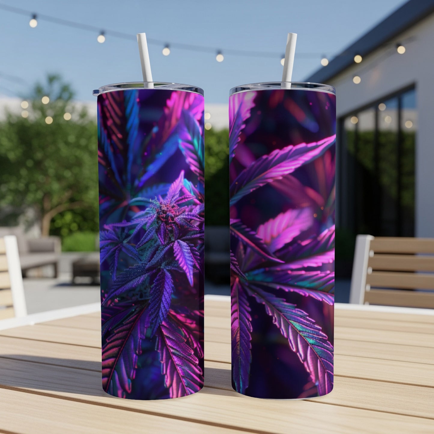 Two tumblers with cannabis leaf pattern in purple and blue light.