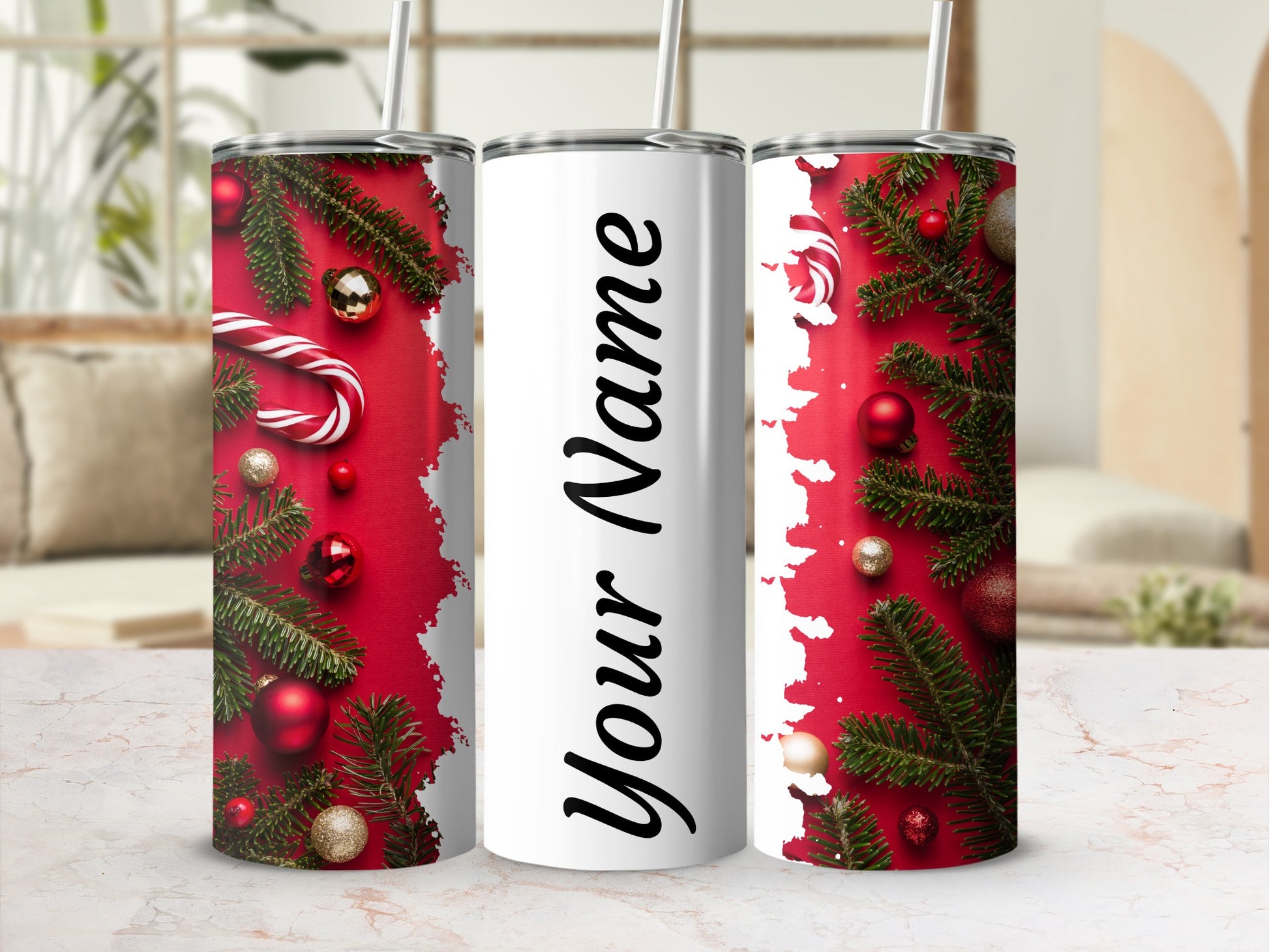 Personalized Christmas Themed Tumbler with Straw