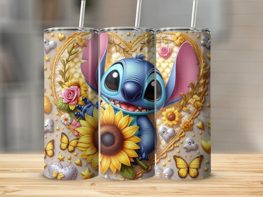 Cute Blue Character with Sunflower and Hearts Tumbler