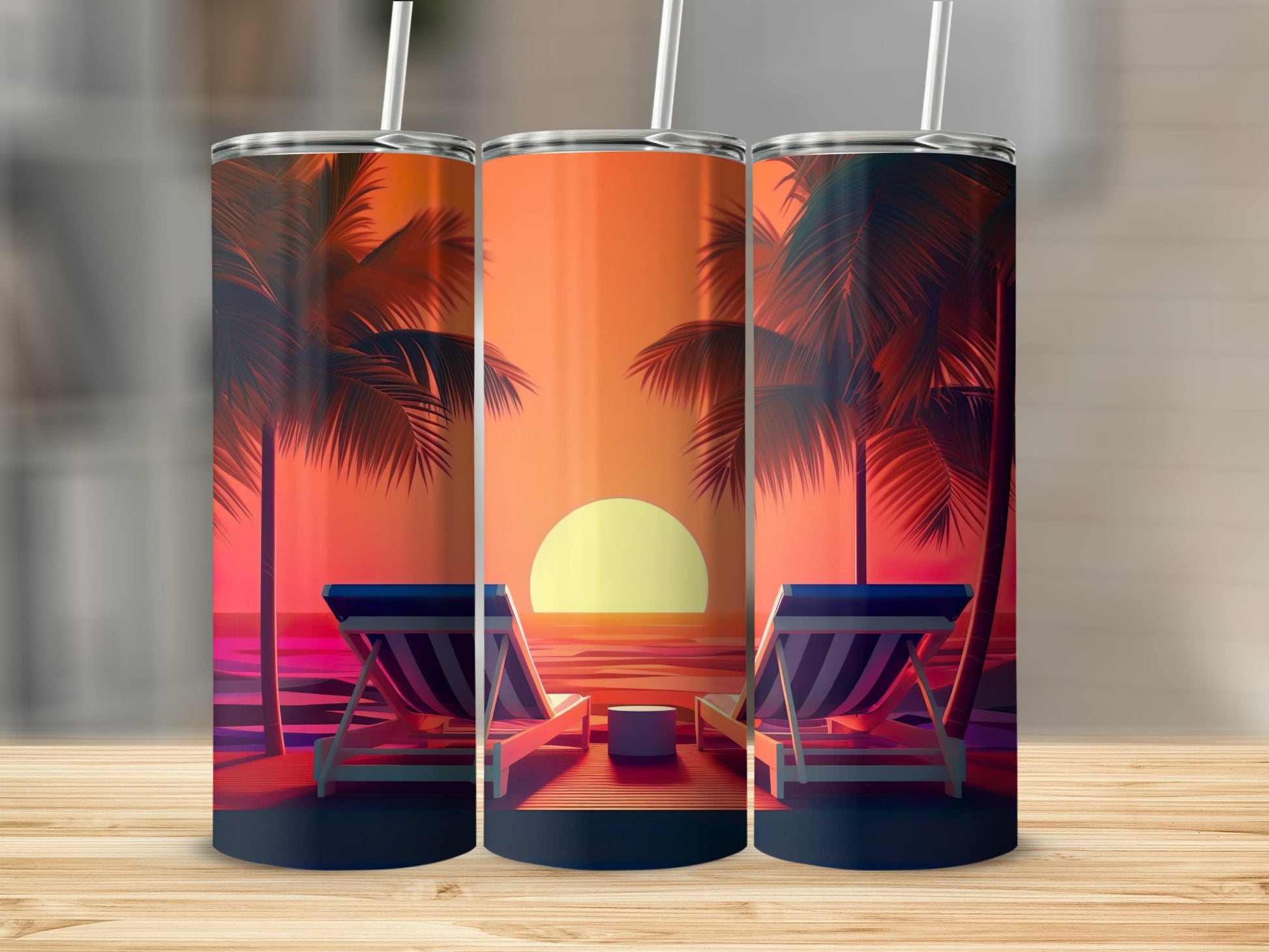 Sunset Beach Chairs and Palm Trees Art Tumbler