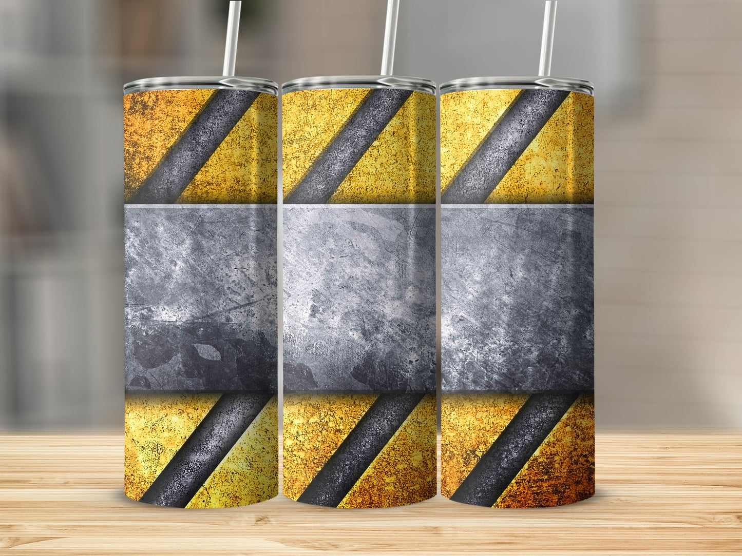Yellow black gray hazard striped tumbler product type
