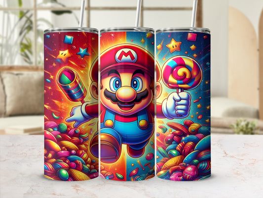 Mario holding lollipop and candy surrounded by colorful sweets.