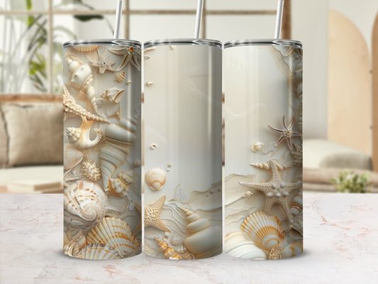 White tumbler with seashell and starfish pattern.