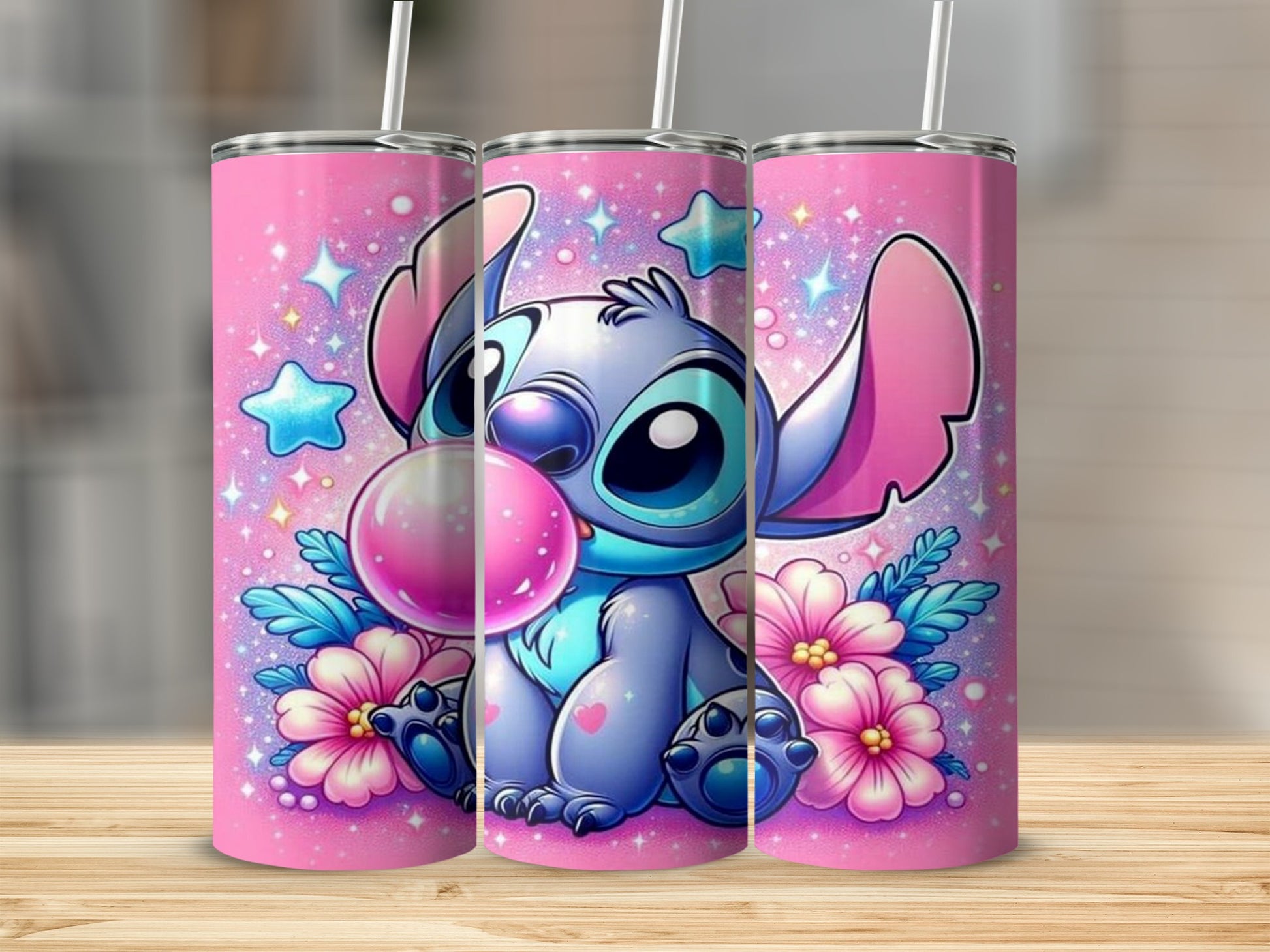 Cute Stitch Bubblegum and Flowers Tumbler Cup