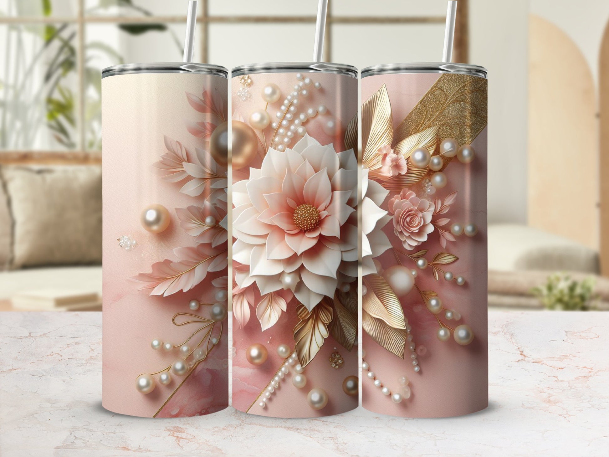 Three tumblers with floral, pearl, and gold leaf designs.