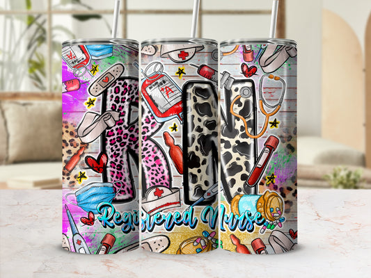 Registered Nurse tumbler with medical icons and a cow print pattern.