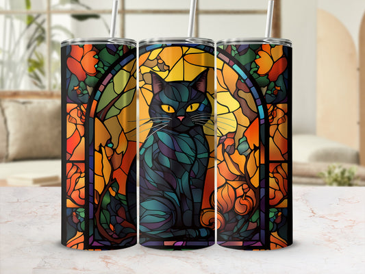 Black cat with yellow eyes in a stained glass design tumbler.