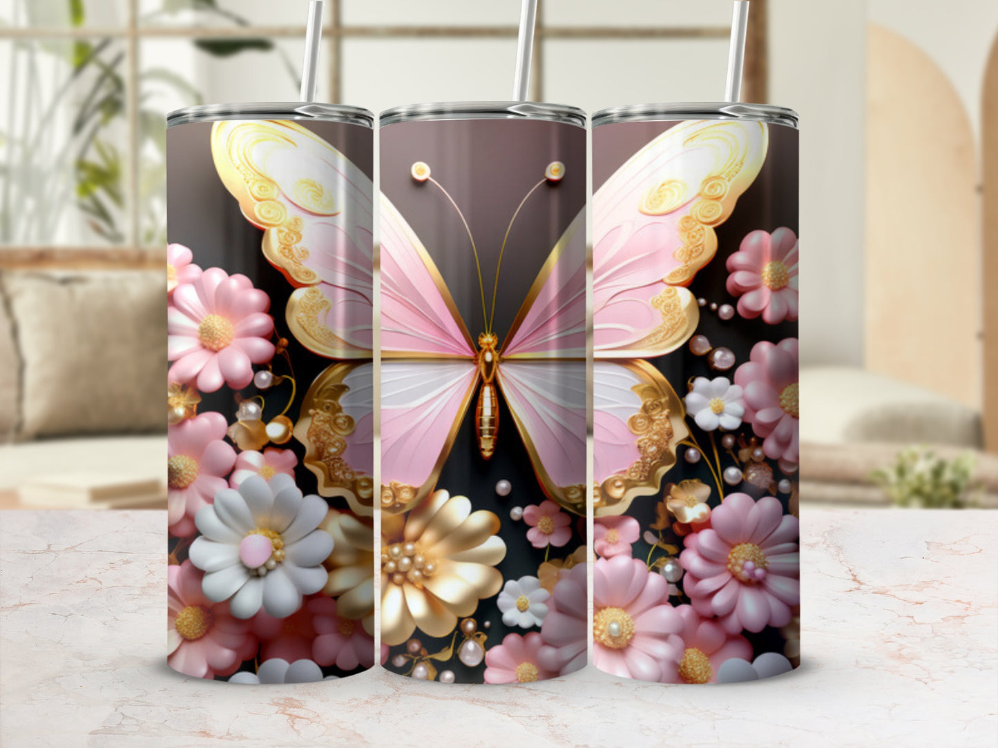 Pink butterfly and floral tumbler on display.