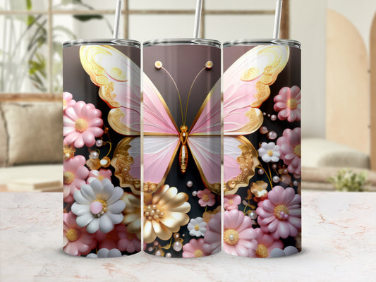Pink butterfly and floral tumbler on display.