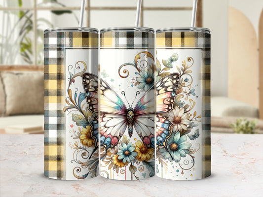 Tartan-patterned tumblers with a colorful butterfly and floral design.