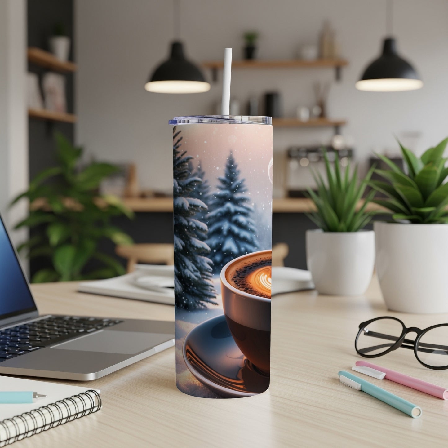 Tall tumbler with winter forest and latte art design.