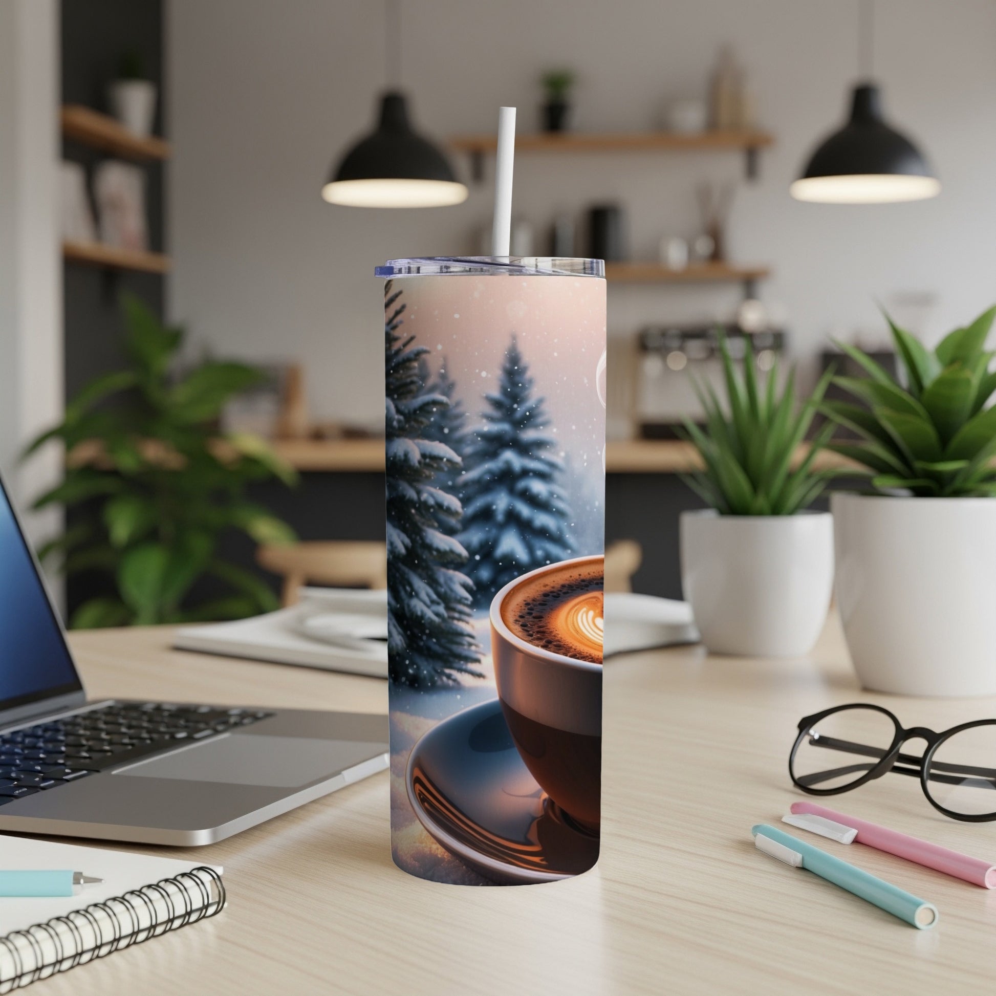 Tall tumbler with winter forest and latte art design.