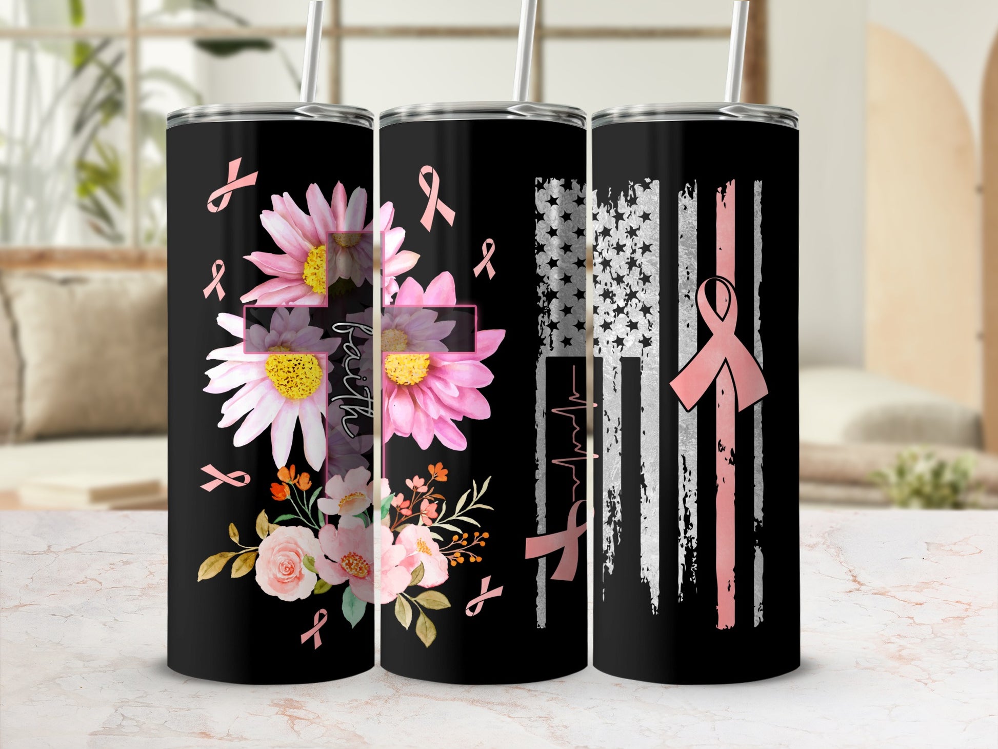 Black tumbler with floral cross, faith text, and distressed US flag with pink ribbons.