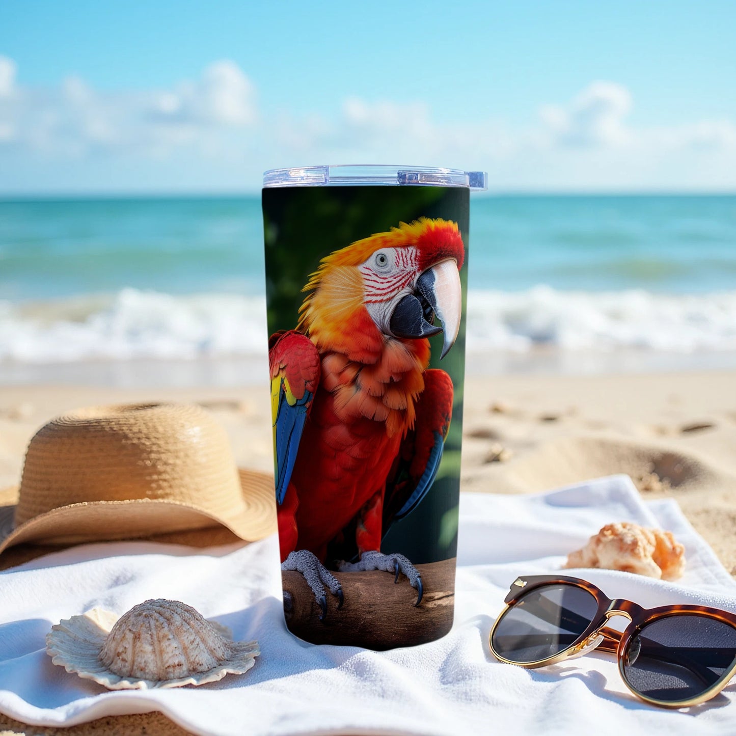 Vibrant Macaw Parrot Beach Scene Travel Tumbler product type
Tumbler
Travel Tumbler
Macaw
Parrot
Bird
Tropical Bird
Beach
Ocean
Summer
Vacation
Drinkware
Insulated Tumbler
Coastal
Wildlife
Red Parrot
Yellow Parrot
Blue Parrot
Unique Gift
Seaside
Bird Lover