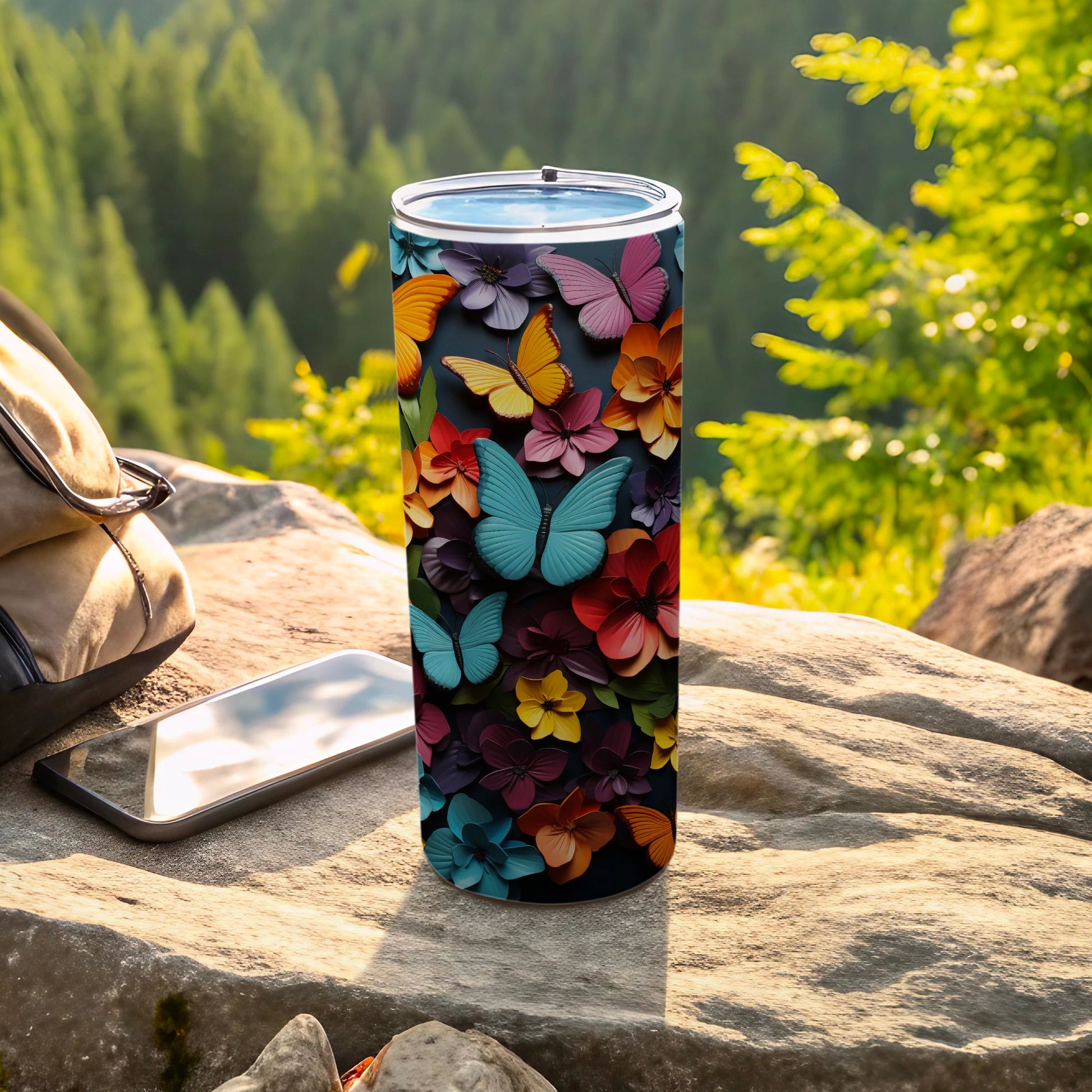 Vibrant Butterfly Flower Pattern Tumbler product type
butterfly tumbler, floral design cup, colorful drinkware, travel mug, butterfly gift, flower pattern, nature inspired, outdoor adventure, hiking companion, artistic tumbler, unique design, blue butterfly, pink flower, yellow butterfly, orange flower, purple bloom, custom drinkware, tumbler cup, vibrant pattern, beautiful design