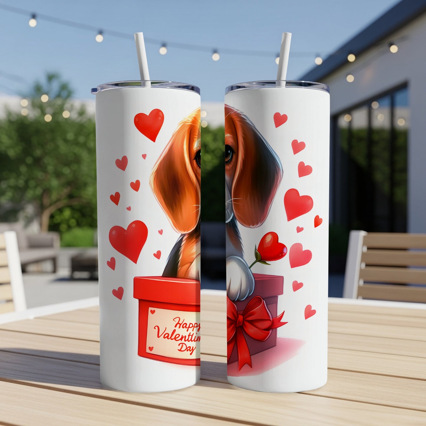 Beagle with Valentine's Day gift box and red hearts design on tumblers.