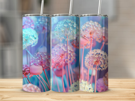 Three tumblers with dandelion seed heads and a blurred background.