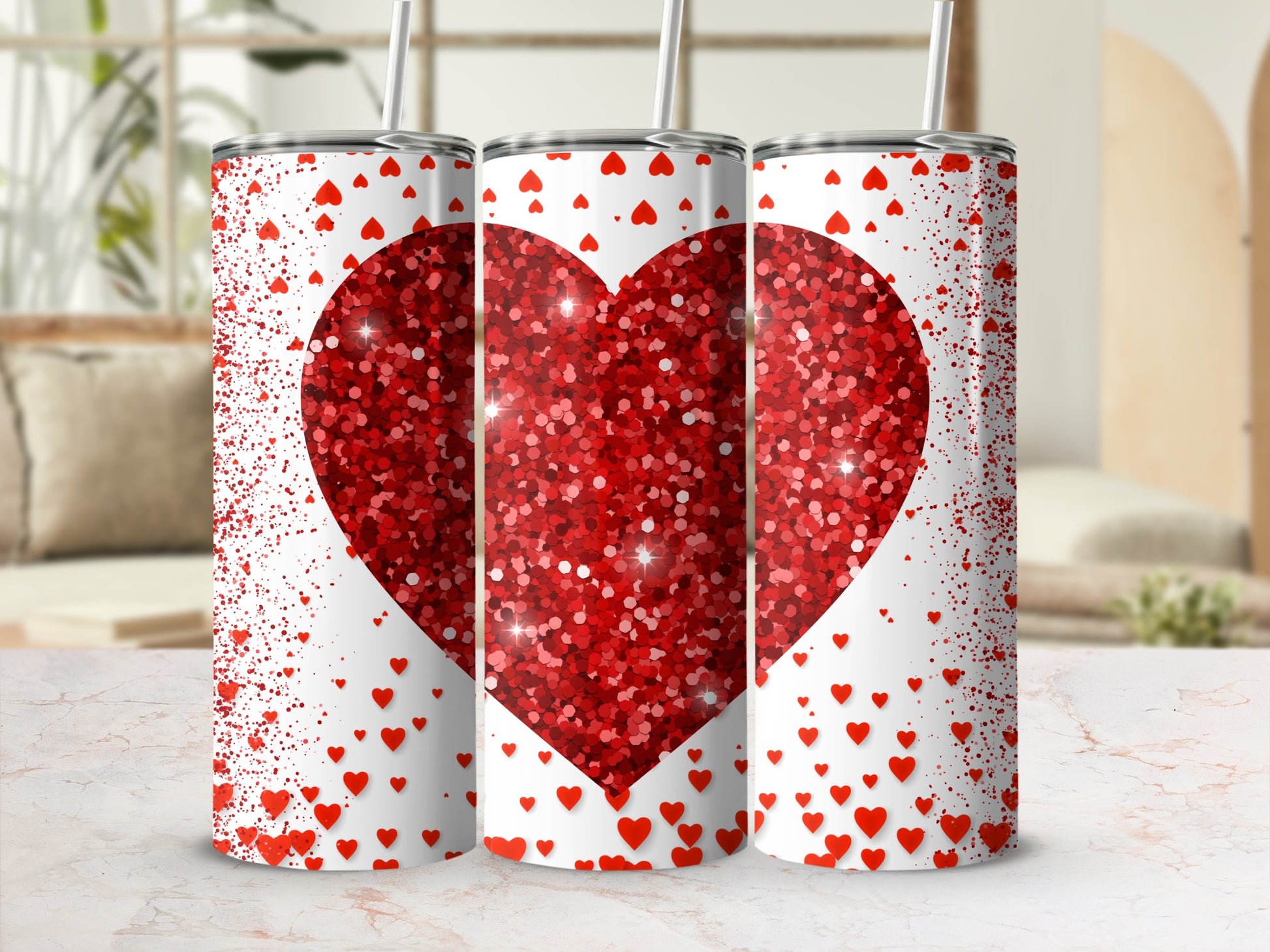 Red Glitter Sparkling Heart Tumbler with Straw