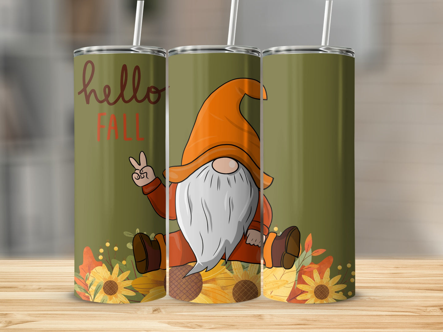 Gnome with "Hello Fall" text and sunflowers on a tumbler.