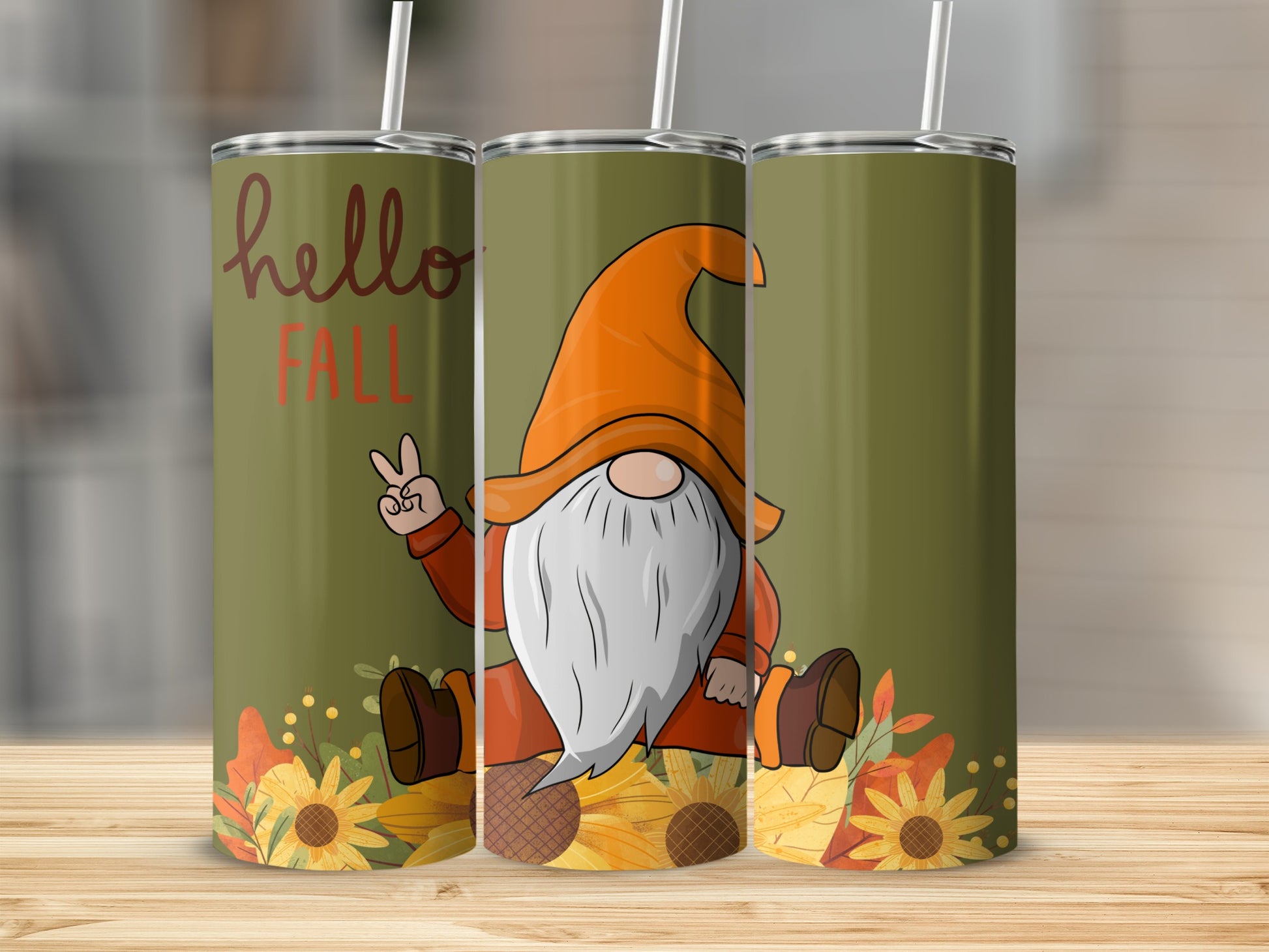 Gnome with "Hello Fall" text and sunflowers on a tumbler.