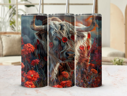 Highland cow with red flowers on a tumbler.