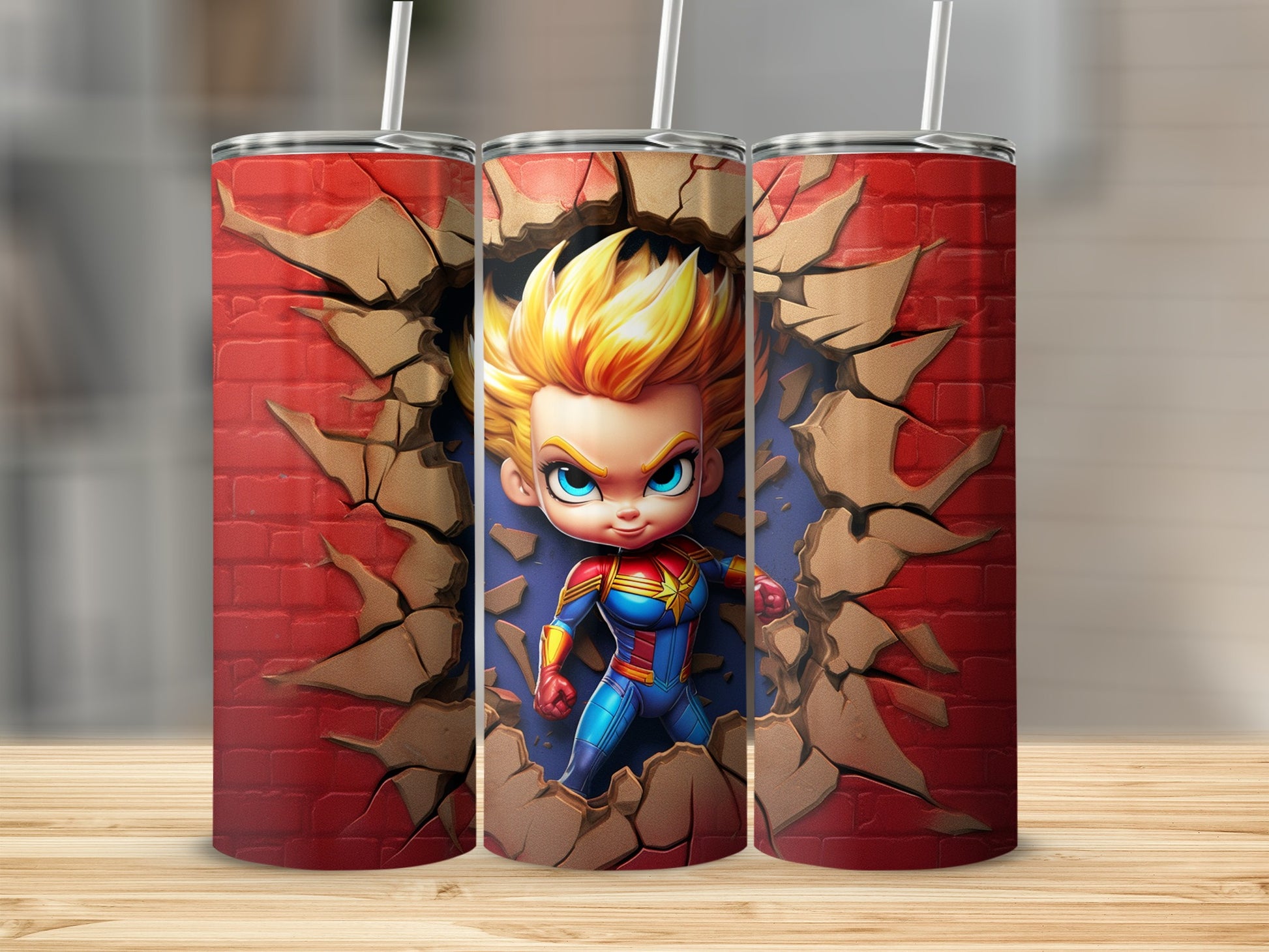 Superhero Chibi Graphic Wall Break Design Tumbler