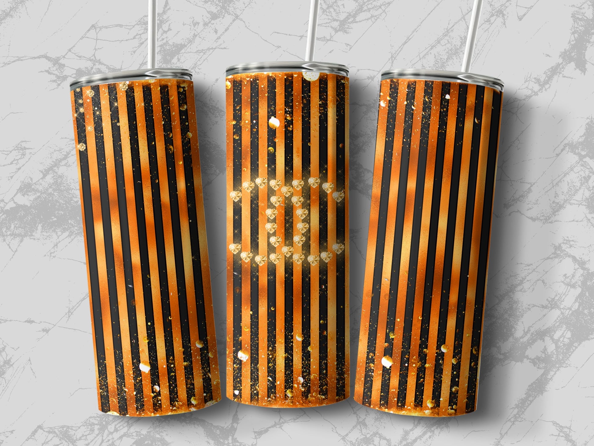 Black and Orange Striped Glittery Tumbler Cup