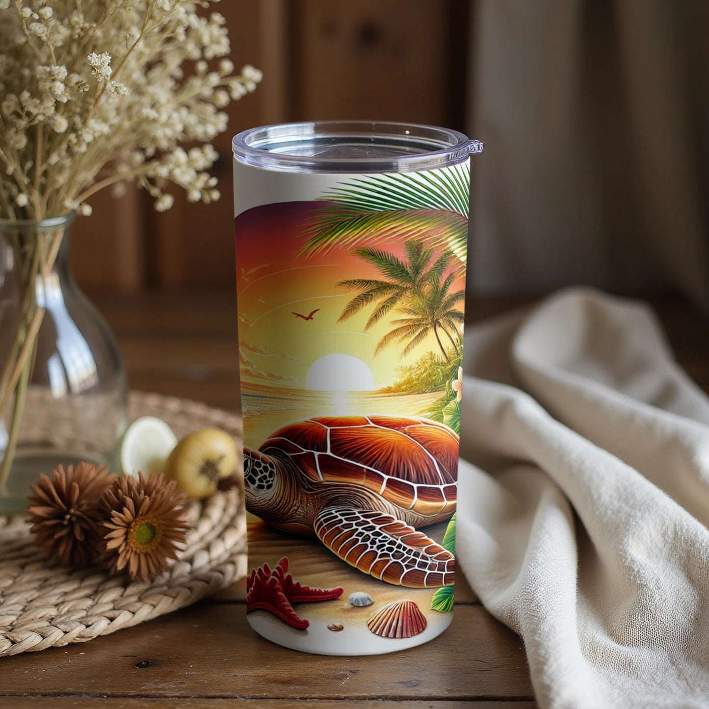 Tropical Beach Scene with Sea Turtle Travel Cup