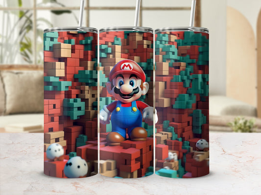 Colorful Mario Tumbler with Pixel Artwork Design