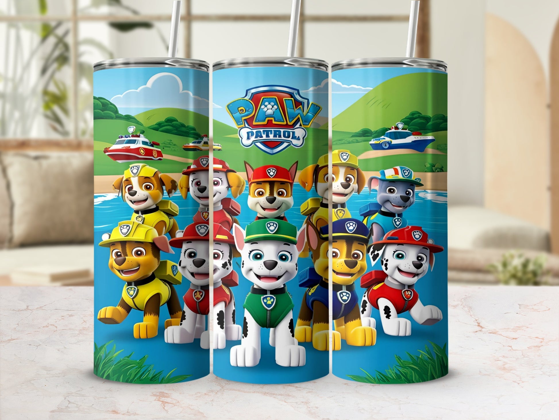 Paw Patrol characters on blue background with boats and green hills.