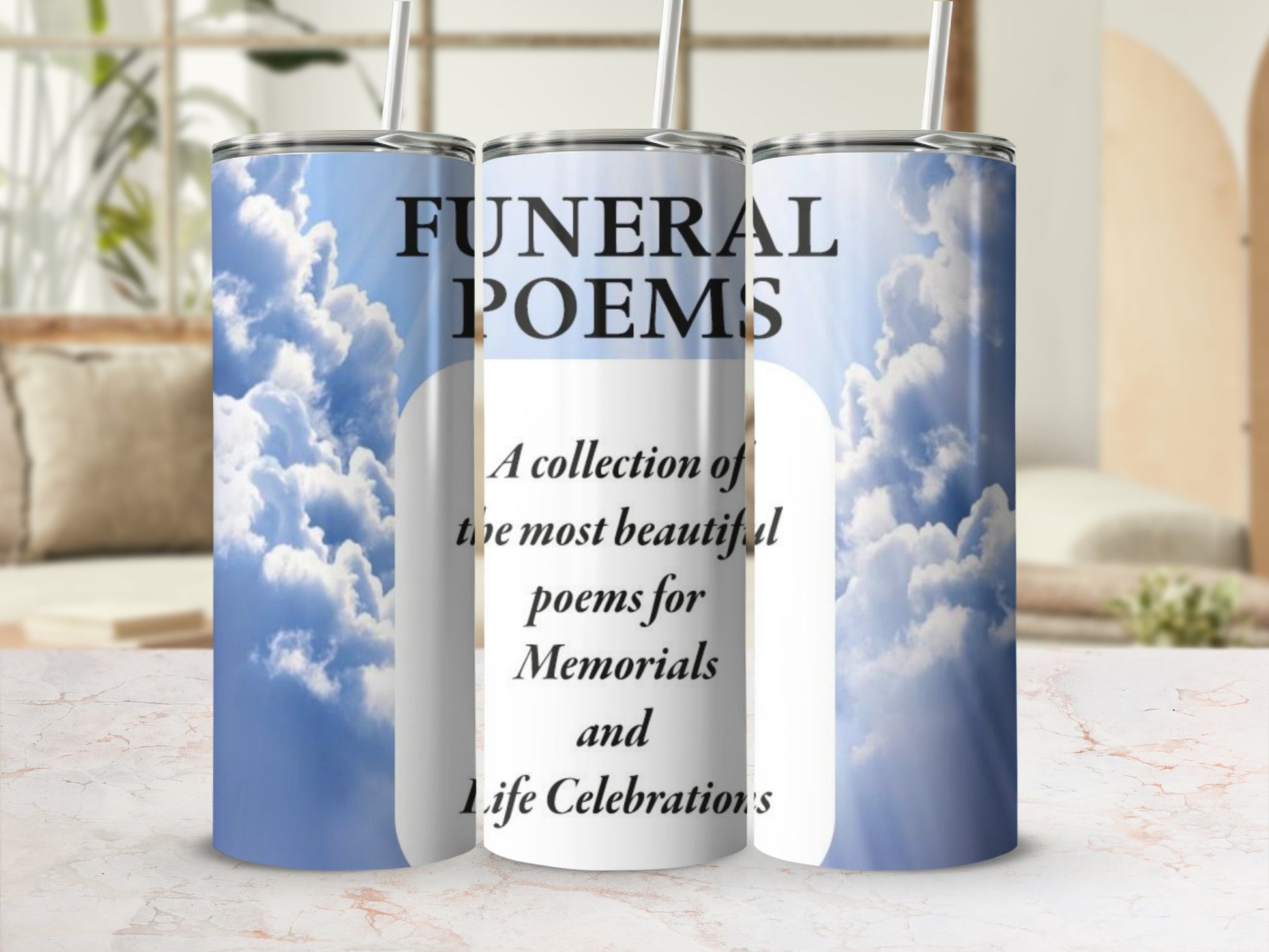 Tumbler with "Funeral Poems" and "A collection of the most beautiful poems for Memorials and Life Celebrations" text.