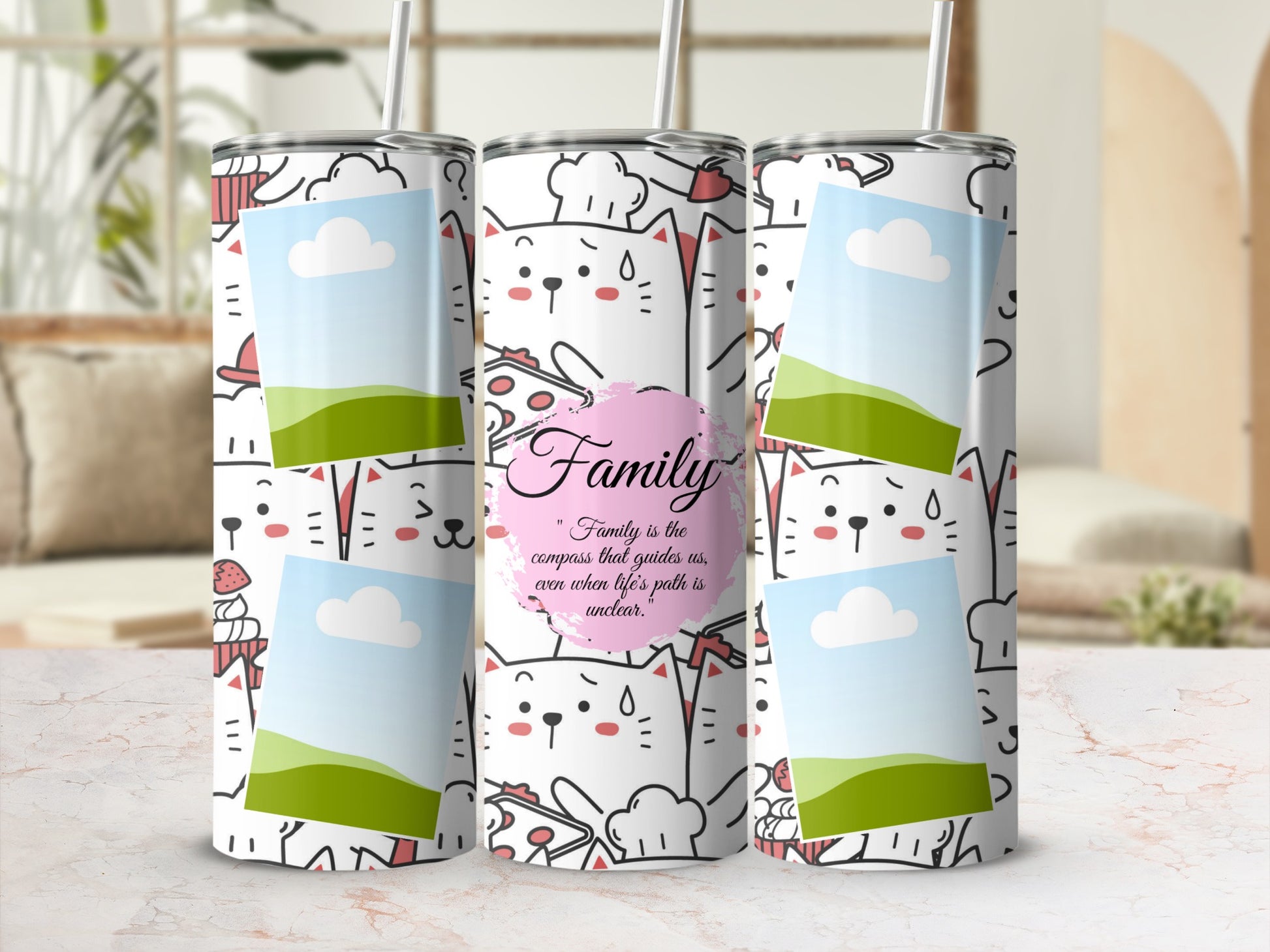 Tumbler with cute cats, pizza, and quote "Family is the compass".