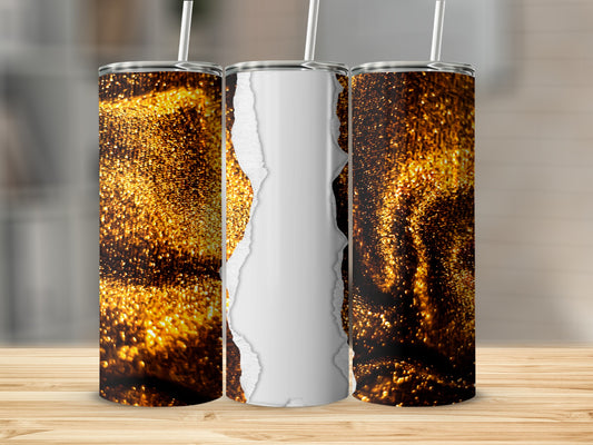 Tapered tumbler with glittering gold bokeh design and torn paper effect.