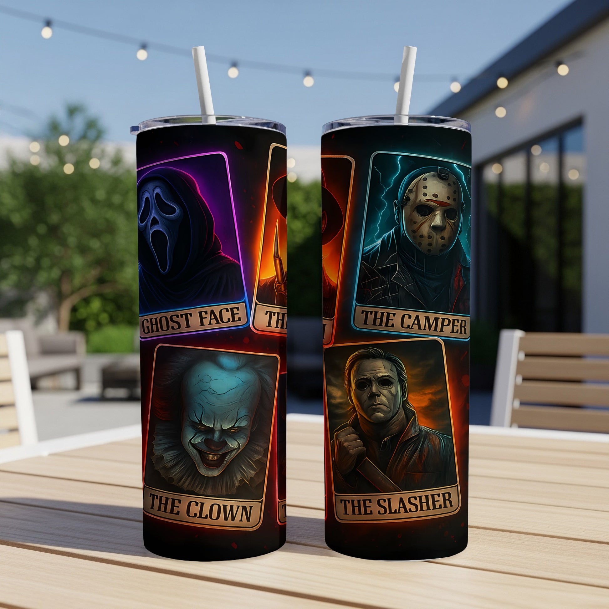 Tumblers with horror characters Ghost Face, The Clown, The Camper, and The Slasher.