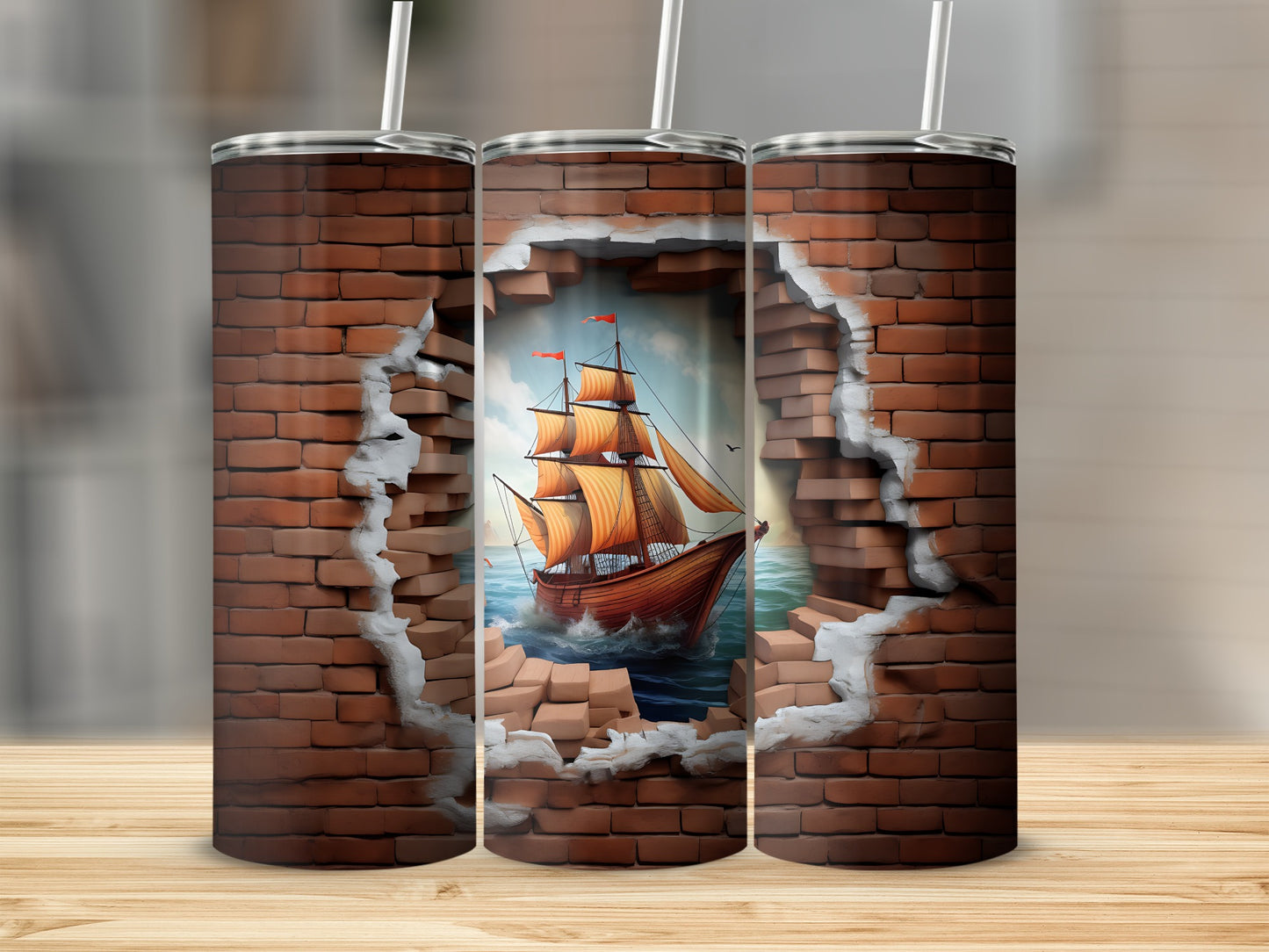 Vintage Ship Sailing through Broken Brick Wall Print Tumbler