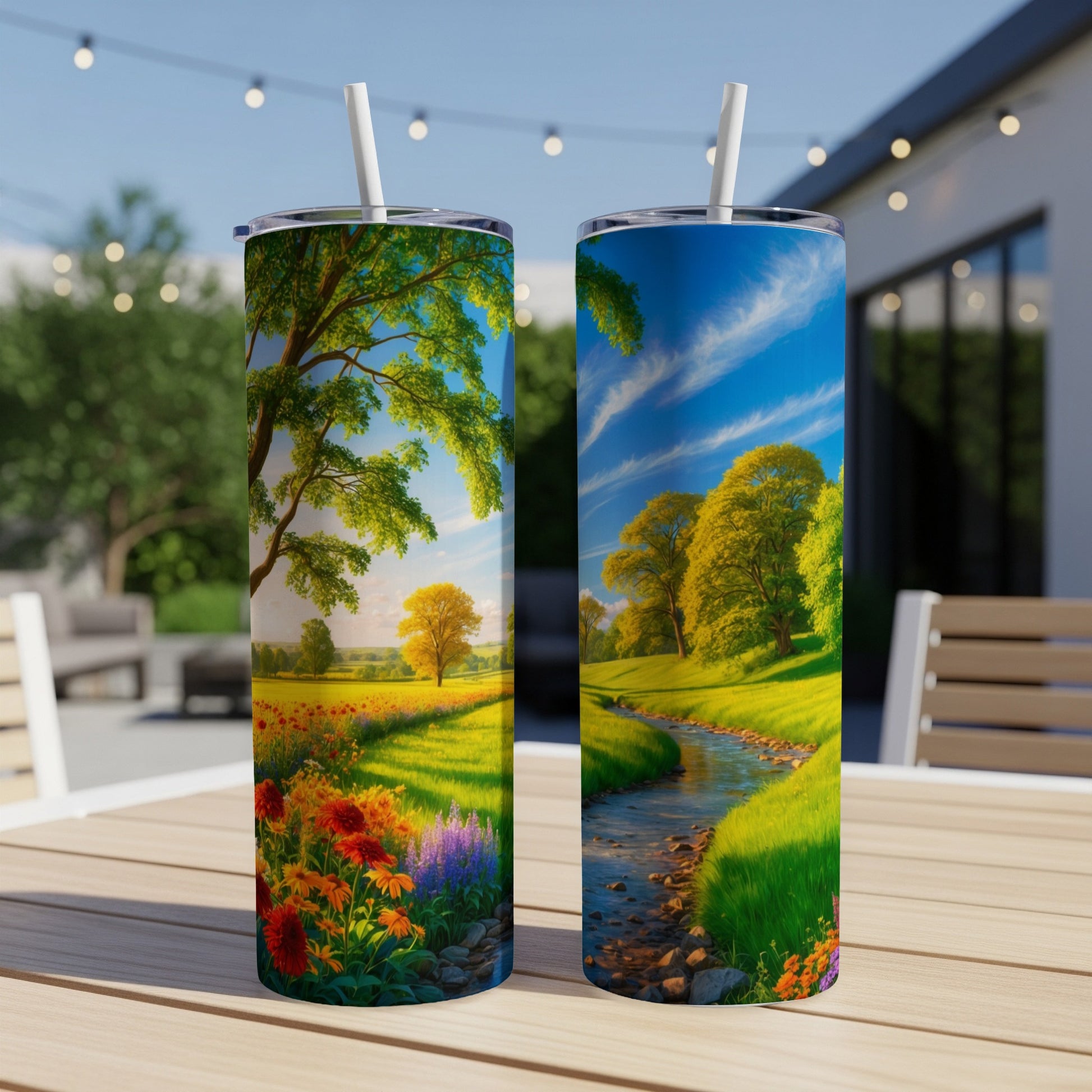 Two tumblers decorated with vibrant, impressionistic landscapes featuring rolling hills and flowers.