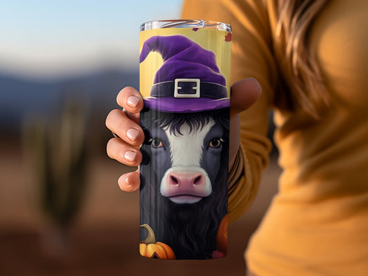 Adorable Cow in Witch Hat Halloween Themed Tumbler