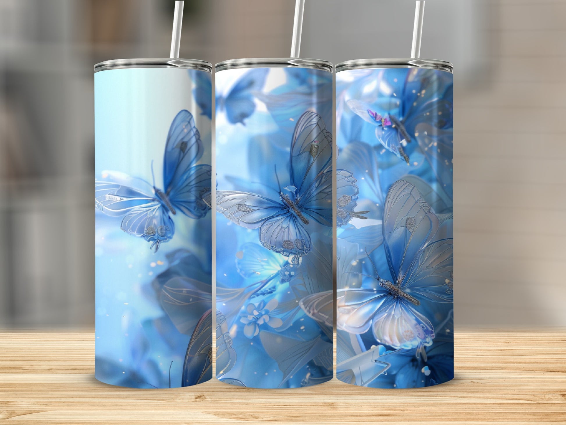 Blue butterfly tumbler with flowers and straw, shown from three angles.