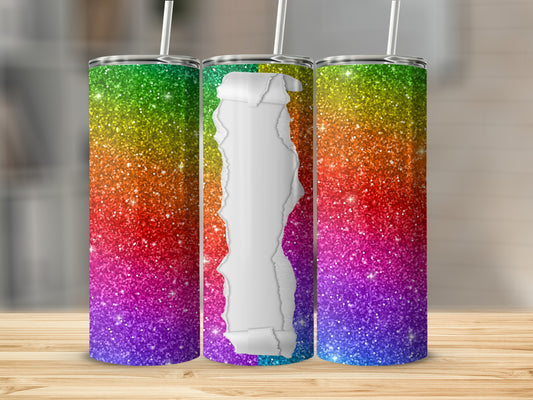 Rainbow glitter tumblers with torn paper overlay and white straws.