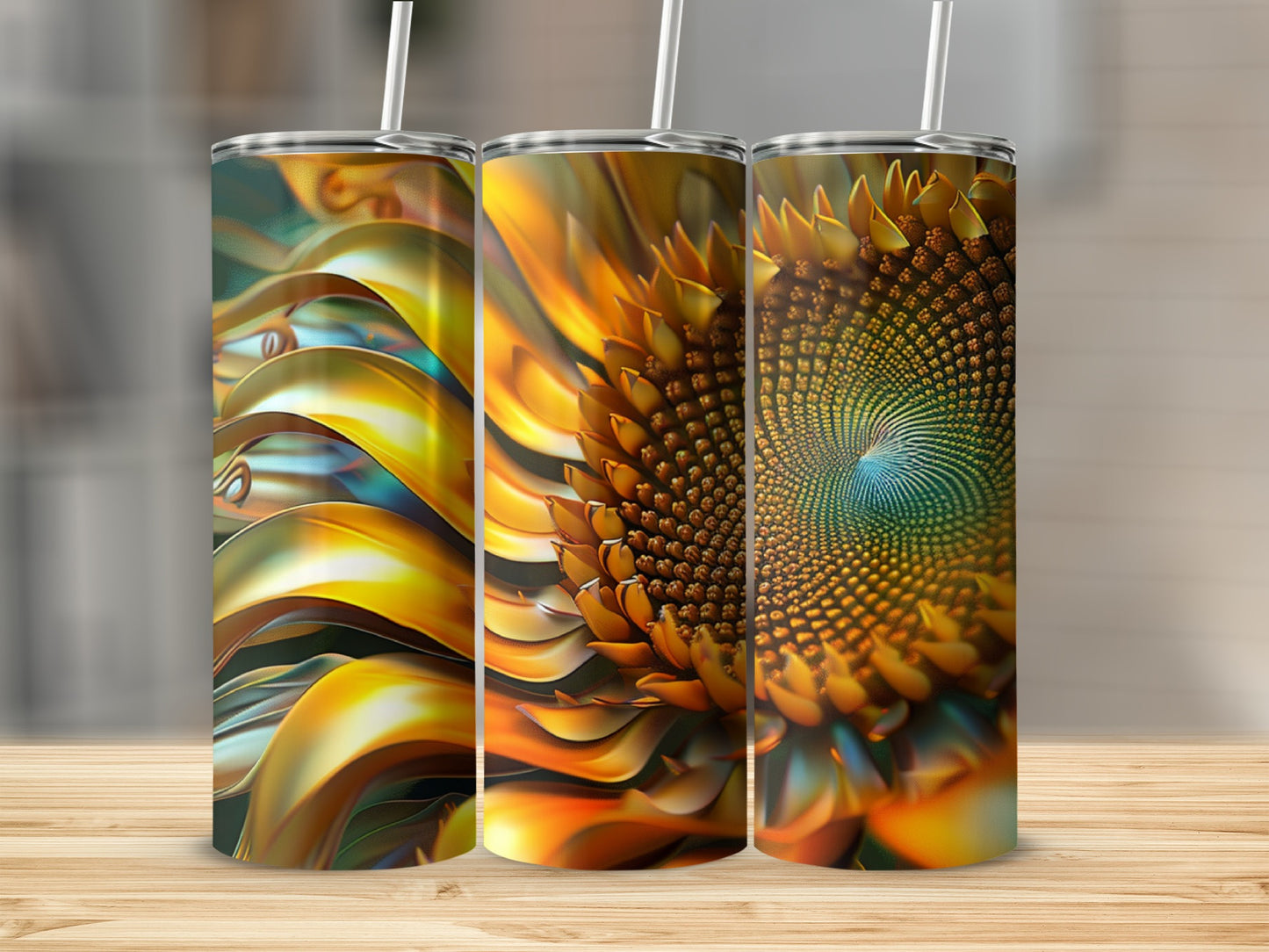 Three tumblers featuring abstract golden sunflower patterns.