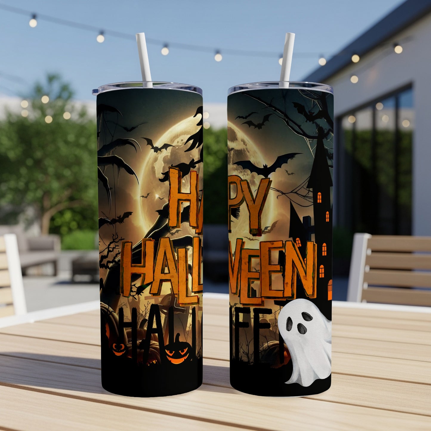 Two tumblers with a Halloween scene: full moon, bats, haunted house, pumpkins, and ghost.