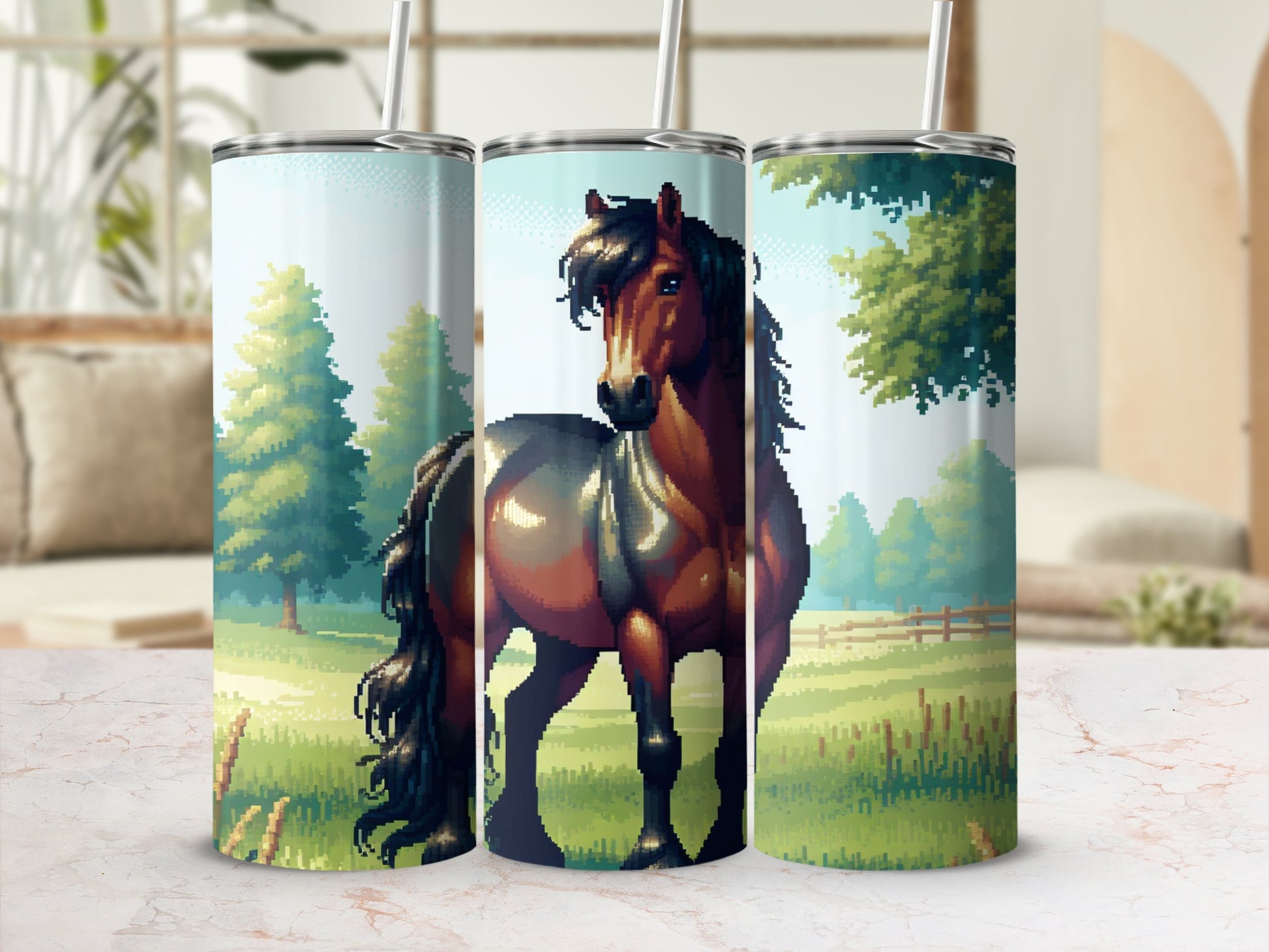 Horse illustration on a tumbler with a rural landscape background.