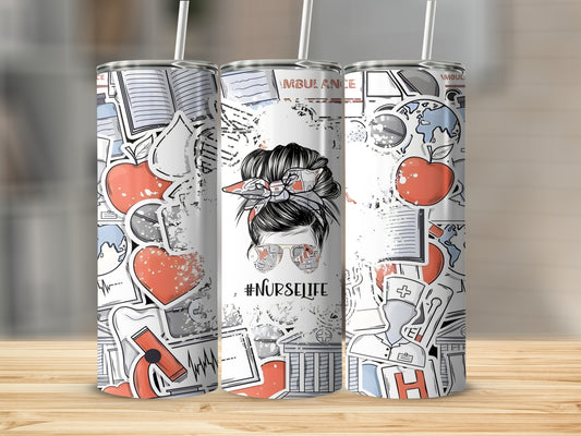 Tumbler with #NurseLife messy bun graphic and medical pattern.