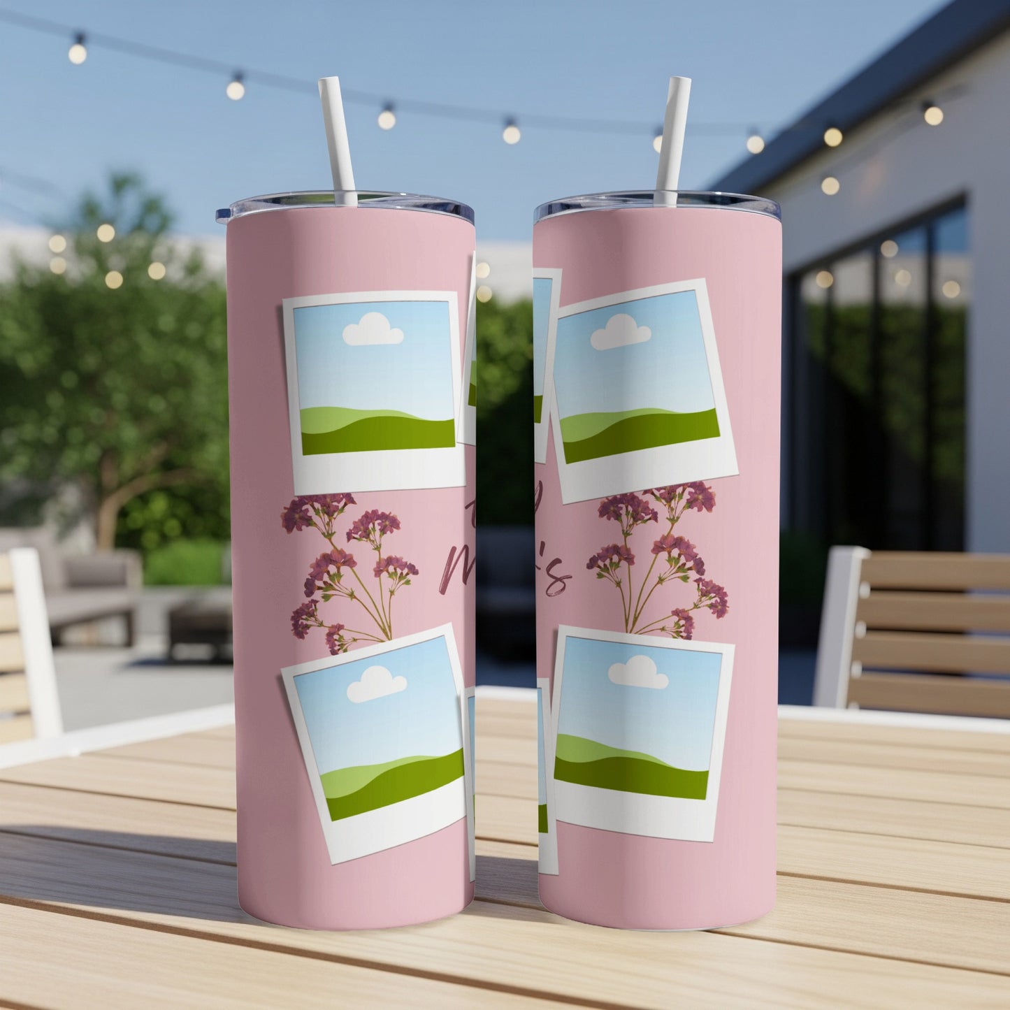 Two pink tumblers with polaroid-style photos and floral accents.